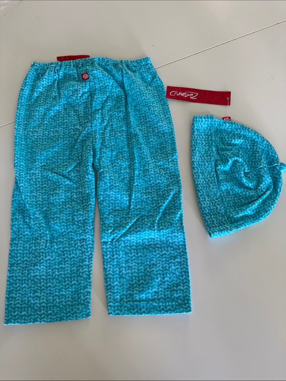 Zutano Turquoise Knit-Pattern Pajama Bottoms with Beanie 100% Cotton